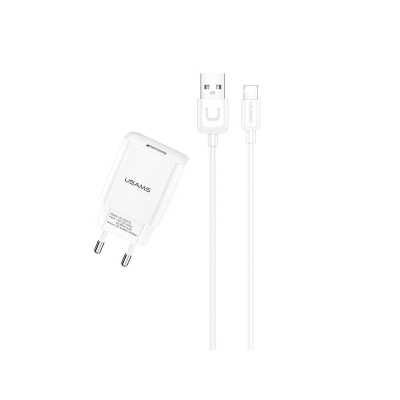 caricabatterie usams 2,1 A usb completo di cavo lightning bianco