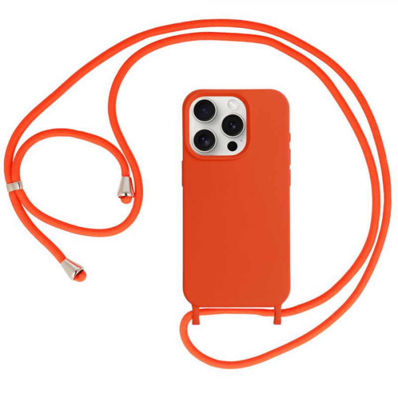 cover  silicone iphone 15 pro max arancio con laccio da collo