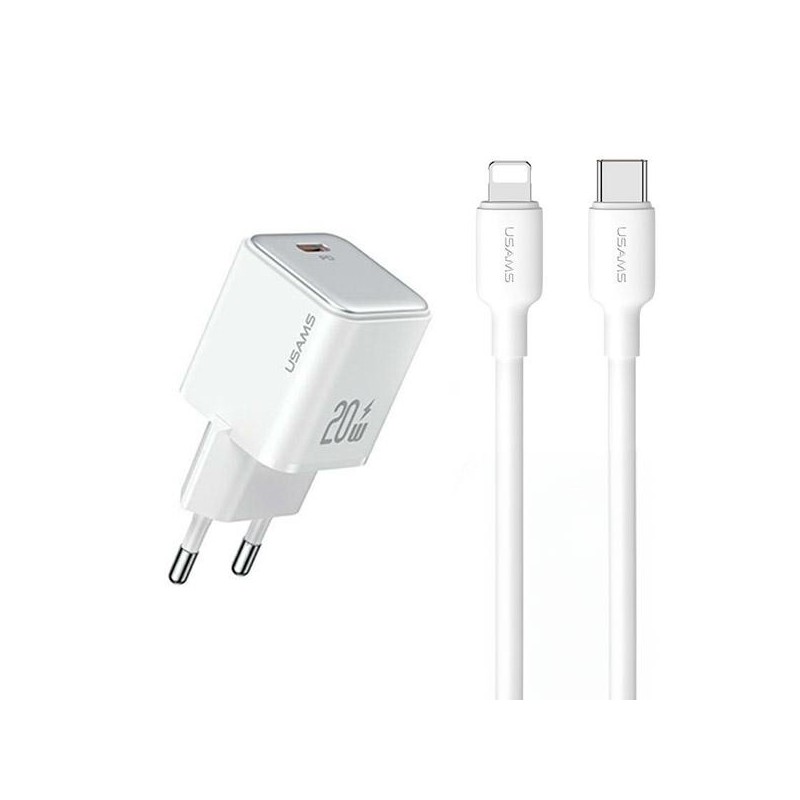 caricabatterie usams 30W usb-c fast charger completo di cavo lighting bianco