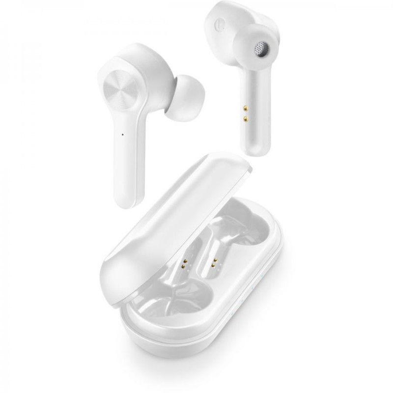 auricolare vivavoce bluetooth doppio con base di ricarica bianco